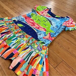 Jams World Hattie Hawaiian Mini Dress Colorful Fish and Daisy Print